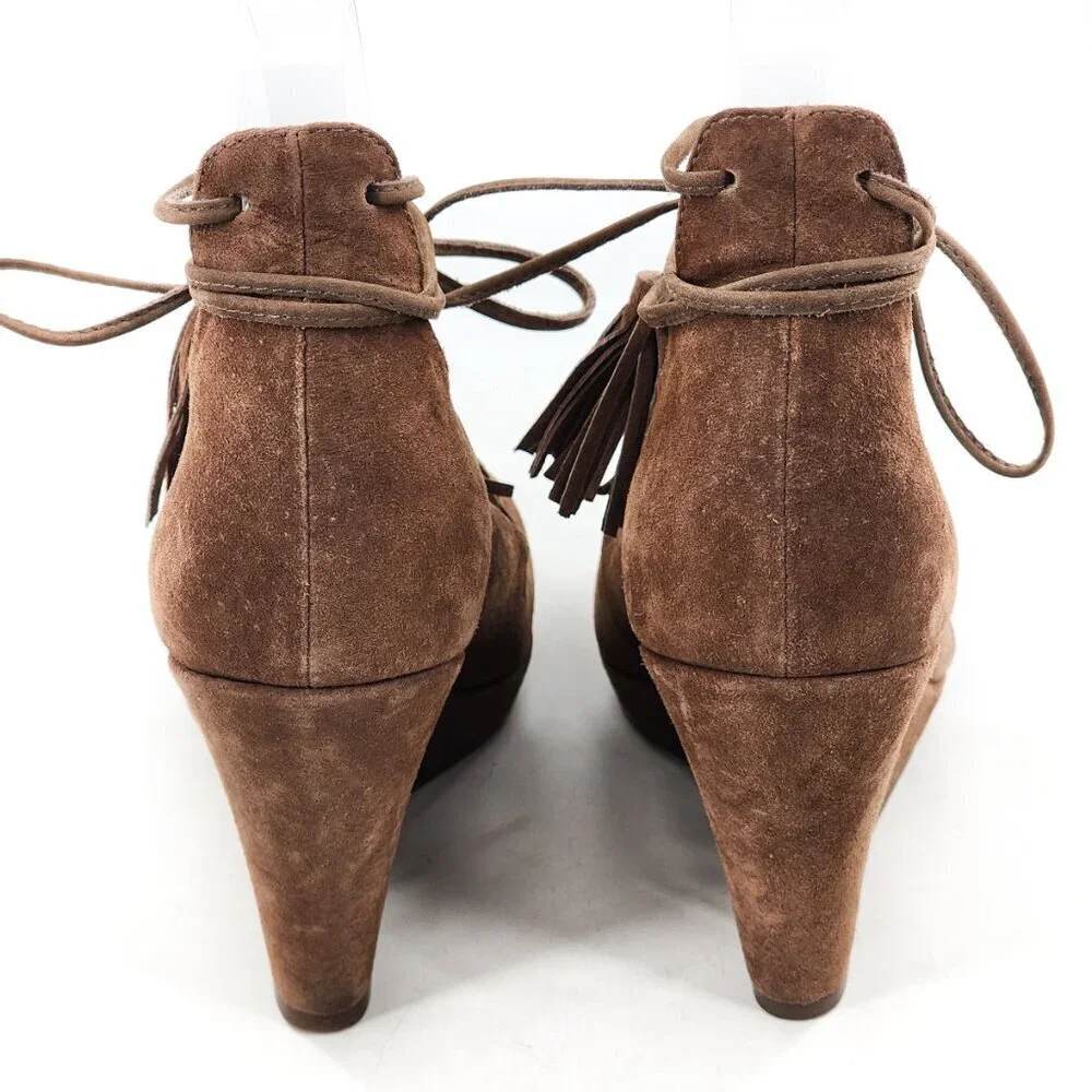 SCHUTZ Brown Suede Lace Up Wedge Heel Pumps With Tassels